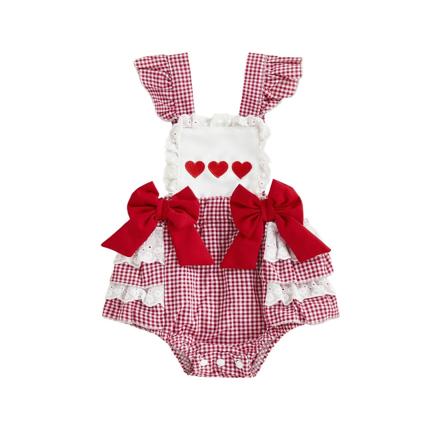 0-18M Valentine's Day Infant Baby Girls Rompers Sleeveless Square Collar Lace Ruffled Letter Embroidery Bow Jumpsuit