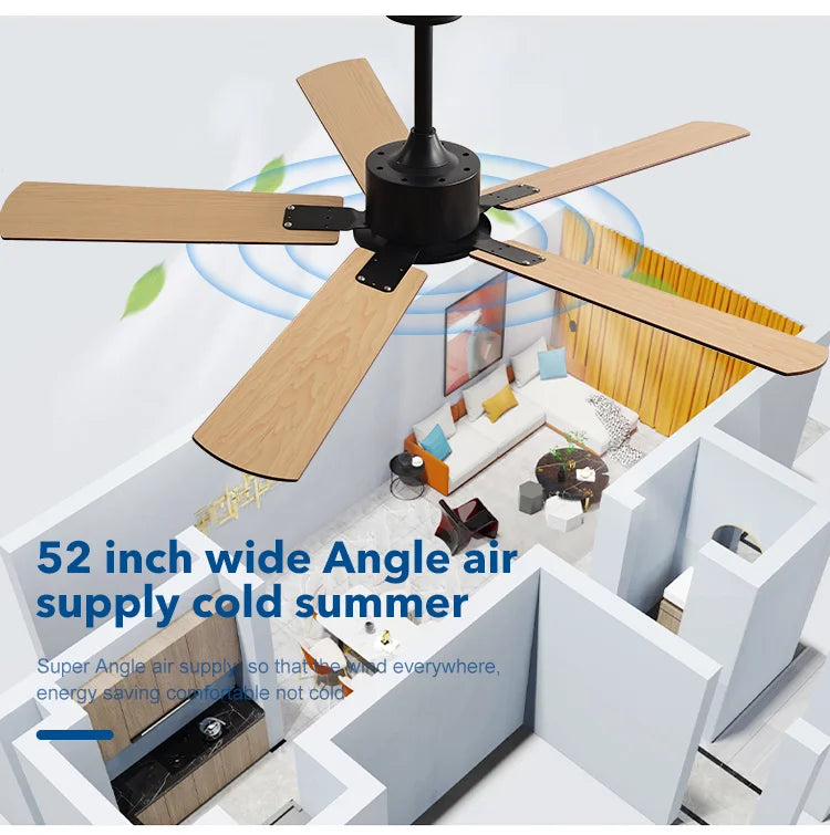 Large Ceiling Fan 52 Inch 5 Wood-Style Blades DC Mo tor Remote Control Quiet Running Fan for Living Room