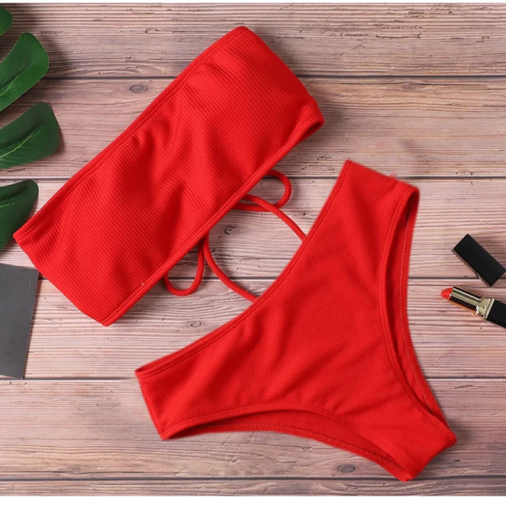 Solid Color Strapless Bikini Set Backless Sexy Swimsuit High Waist Adjustable Women Swimwear Summer