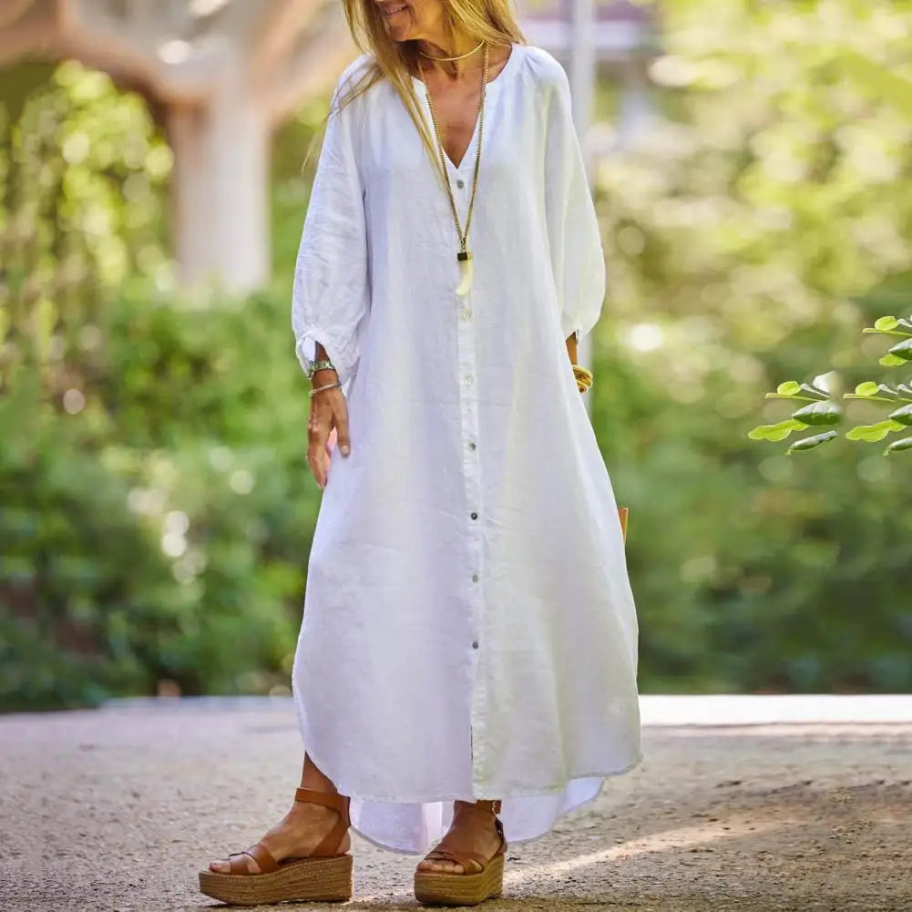 Spring Autumn Women Long Dress Loose Button-down 3/4 Sleeves Maxi Dress Pure Color V Neck Cardigan Casual Dress For Daily Wear