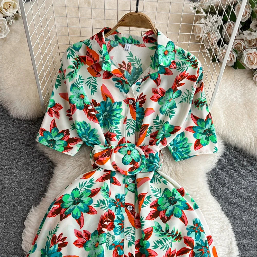 2024 New Summer Women Dress Fashion Print Floral A-line Shirt Dress with Belt Elegant Vintage Off Lady Dress Casual Vestidos