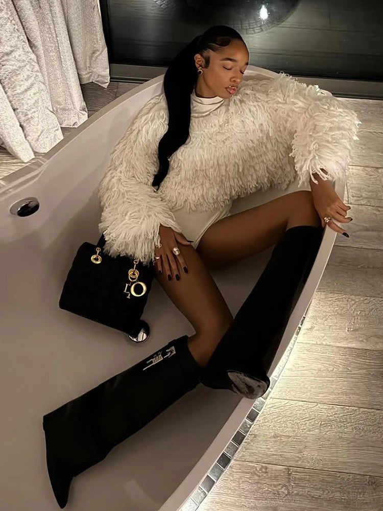 Nibber Street Fashion 2 Piece Set Woman o-Neck Full Sleeve Furry Tassel Sweater+Turtleneck Skinny Romper Causal Elegant Outfits