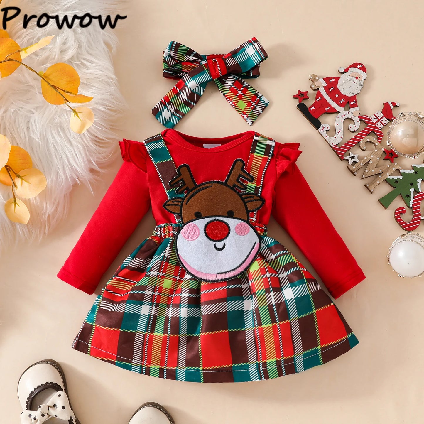 Prowow Baby Girls Christmas Outfits Set Red Bodysuit+Plaid Deer Suspender Dress Set 3pcs My First New Year Costume For Baby 2026