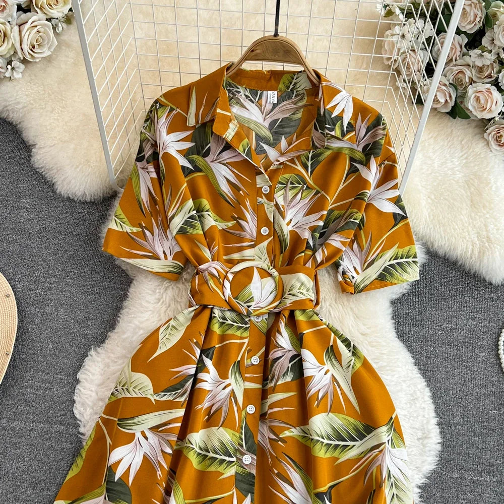 2024 New Summer Women Dress Fashion Print Floral A-line Shirt Dress with Belt Elegant Vintage Off Lady Dress Casual Vestidos