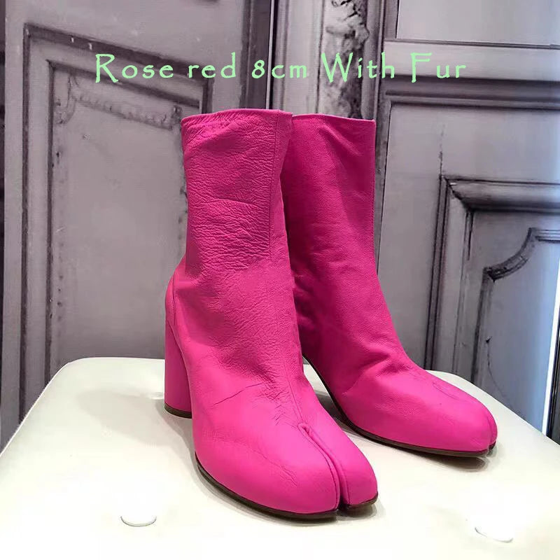Split Toe Chunky Heels Ankle Boots Women Brand Designer Tabi Short Boots Autumn Winter INS Style Genuine Leather Female Shoes