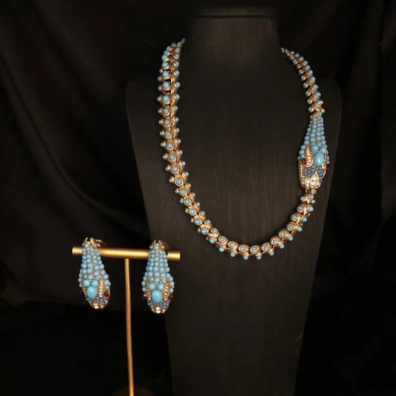 KEQIU Recycled aged gold snake-shaped necklace stud earring ancient-style , turquoise inlaid heavy industry jewelry