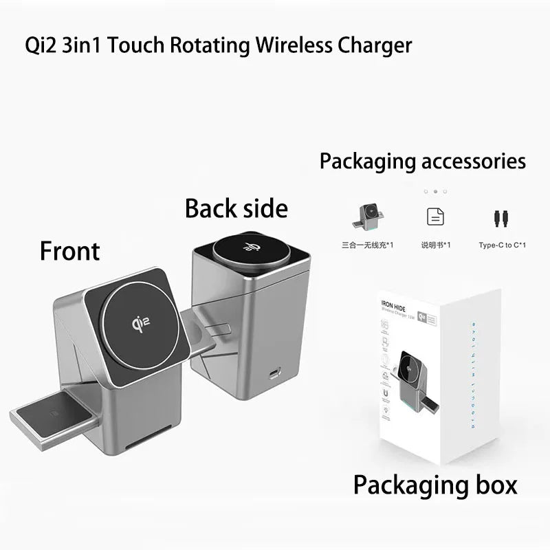 Rotating Qi2 3in1 15w Magnetic Wireless Charger Stand For iPhone 16 15 14 13 12 Max  iWatch Airpods Fast Charging Dock