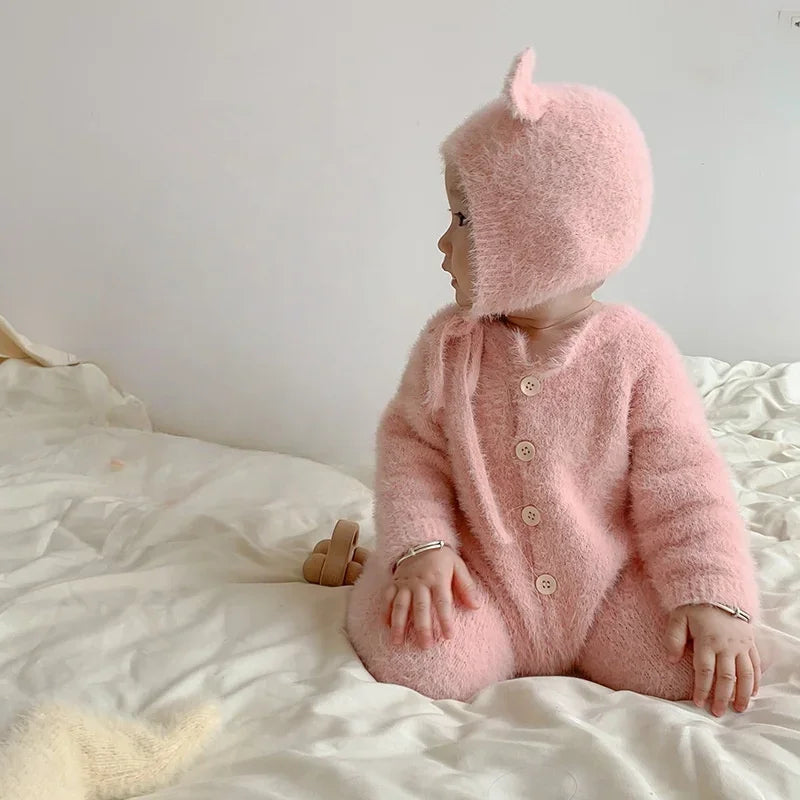 Newborn Baby Mink Fur Romper with Hood Cute Bear Animal Ear Footed Onesie Winter Warm Jumpsuit for 0-2 Years