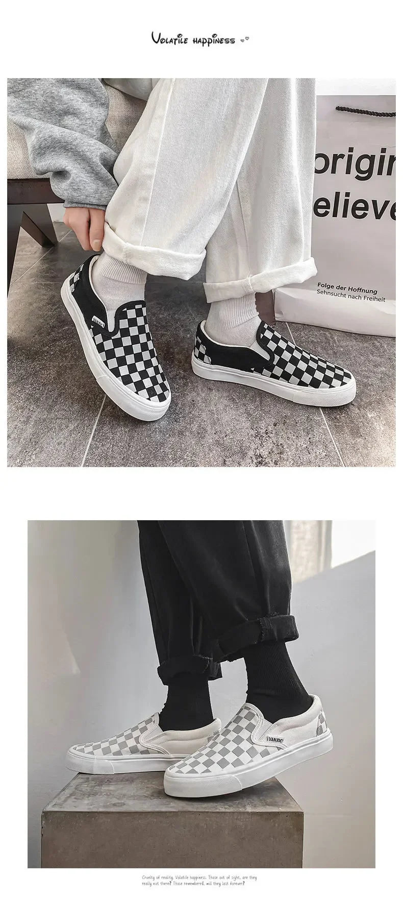 Black White Plaid Canva Women's Shoes Student Vintage Hong Kong Style Versatile Flat Shoes Korean Version Harajuku Casual