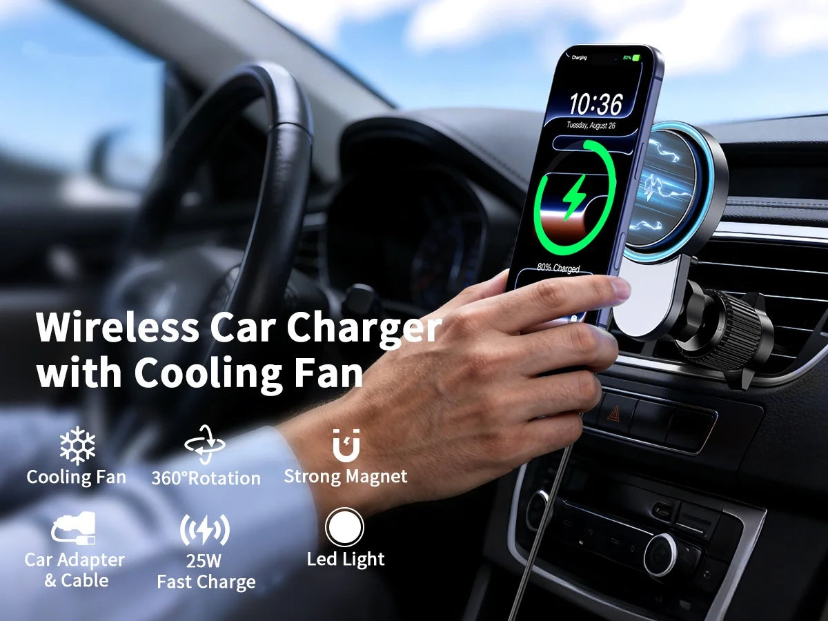 Qi2.2 25W Car Magnetic Wireless Charger Stand With Air-Cooling Fan For Magsafe iPhone17 16 15 14 13 12 Pro Max Fast Charging