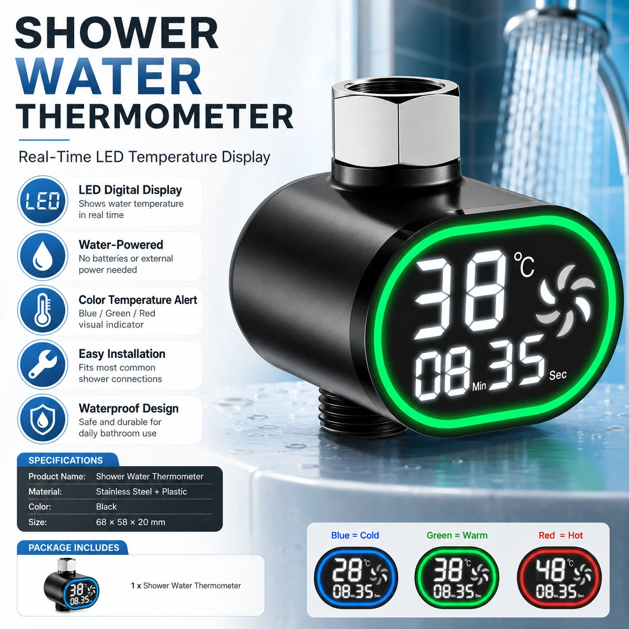 Shower Water Thermometer with LED Digital Display for Baby Bathing Water-Powered Temperature Monitor for Tub and Faucet Use
