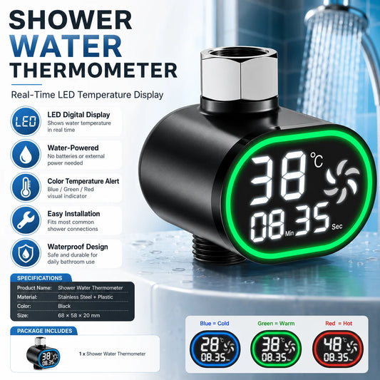 Shower Water Thermometer with LED Digital Display for Baby Bathing Water-Powered Temperature Monitor for Tub and Faucet Use
