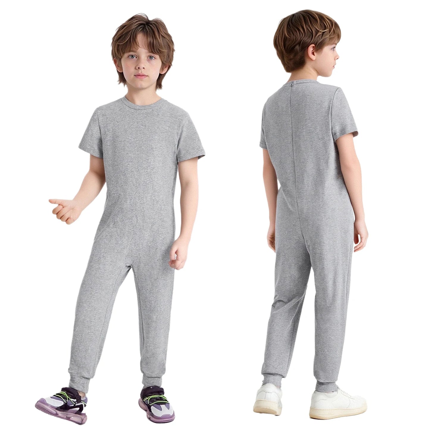 Kids Boys Girls Special Needs Adaptive Clothing Cotton Round Neck Short Sleeve Back Zipper Solid Color Full Body Jumpsuit Romper