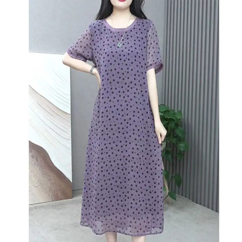 Elegant O-Neck Printed Polka Dot Chiffon Short Sleeve Dress Women's Clothing 2024 Summer New Loose Office Lady Midi Dress