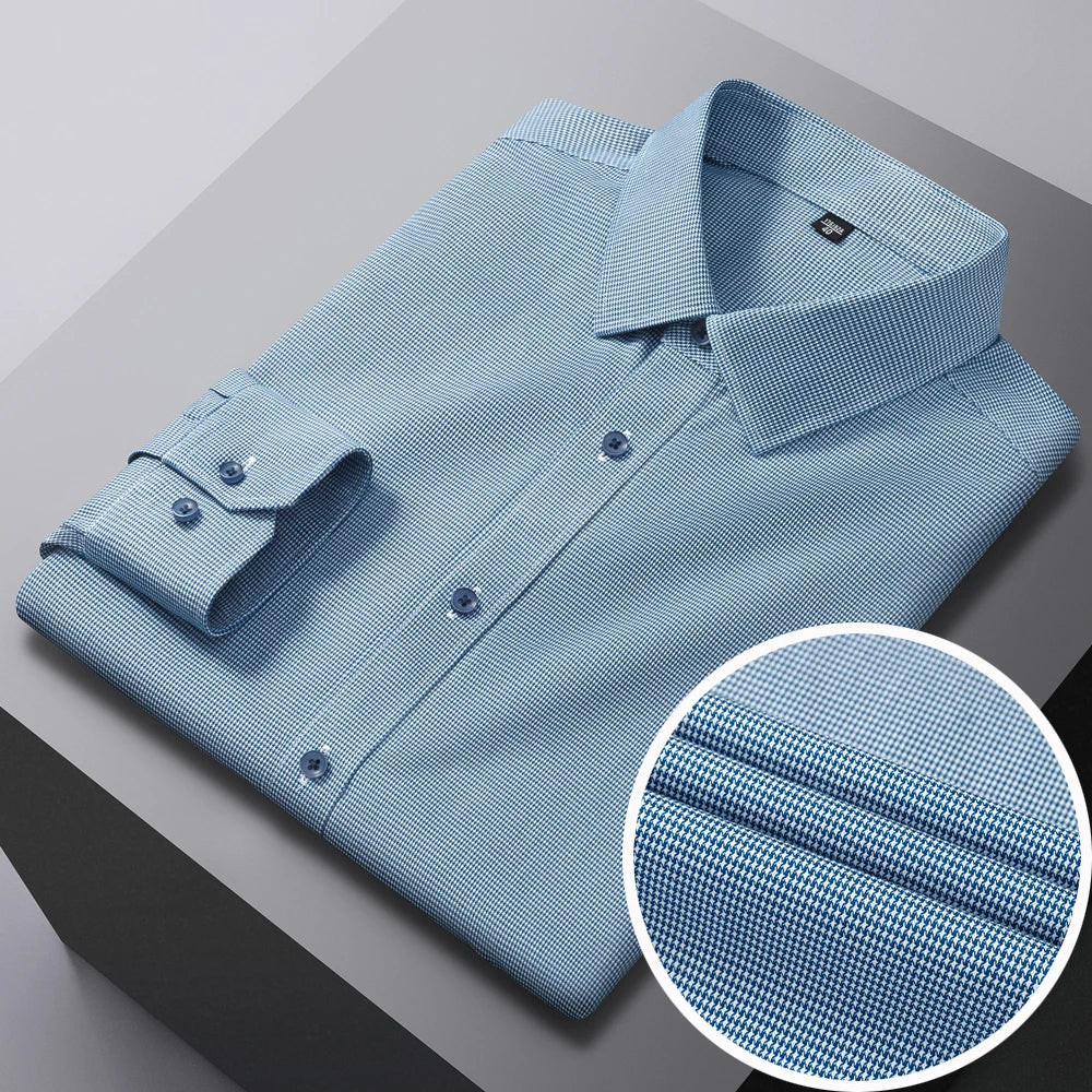 Men's Houndstooth Non-Iron Long Sleeve Button-Up Cotton Shirt, No Pocket Skin-Friendly Casual Versatile for Various Occasions