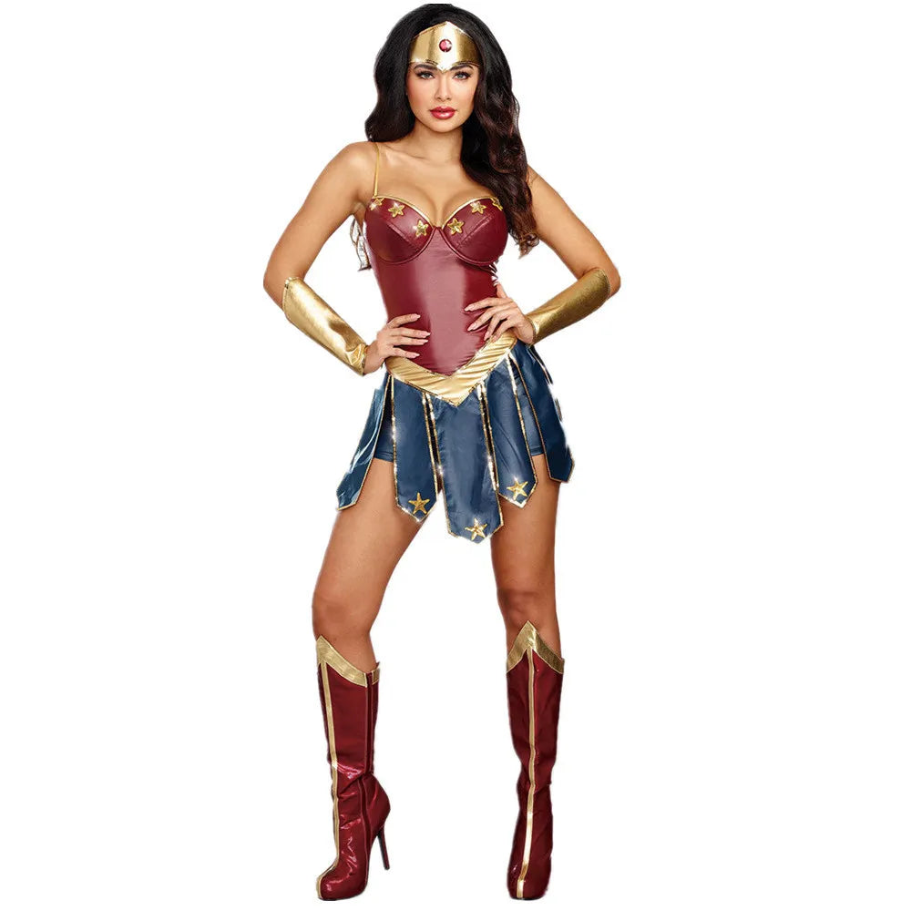 Women's Halloween Superhero Costume Dress Sexy Wonder Cosplay Outfit Leather Fancy Stage Performance Clothing