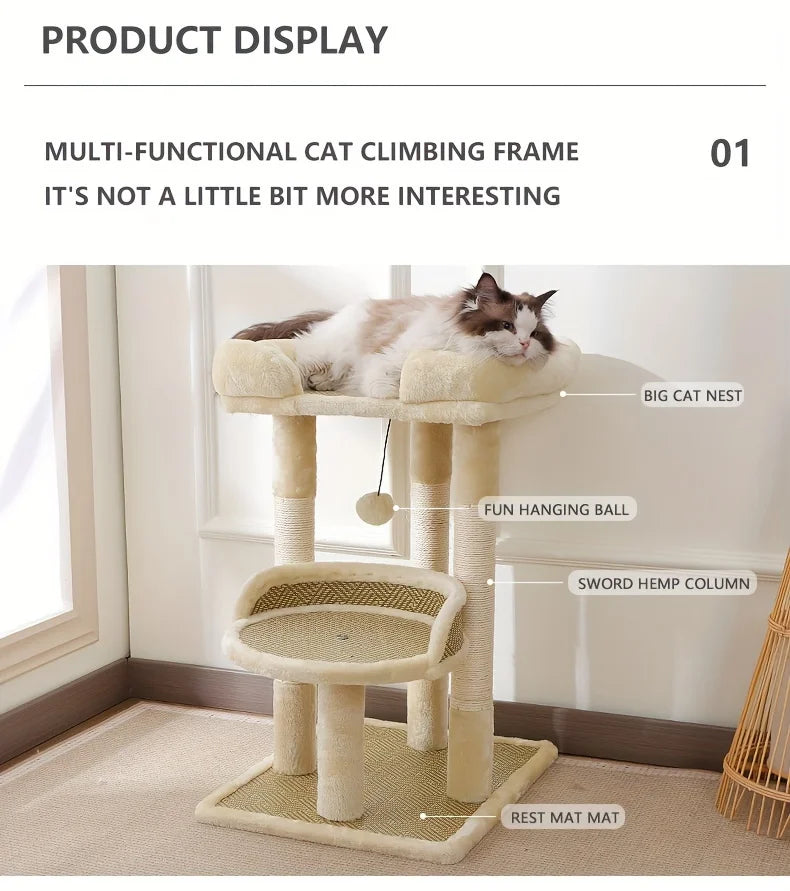 2-Tier Luxury Cat Tree with Sisal Scratching Posts, Multi-Level Cat Tower with Plush Perches & Hanging Toys, Durable Activity