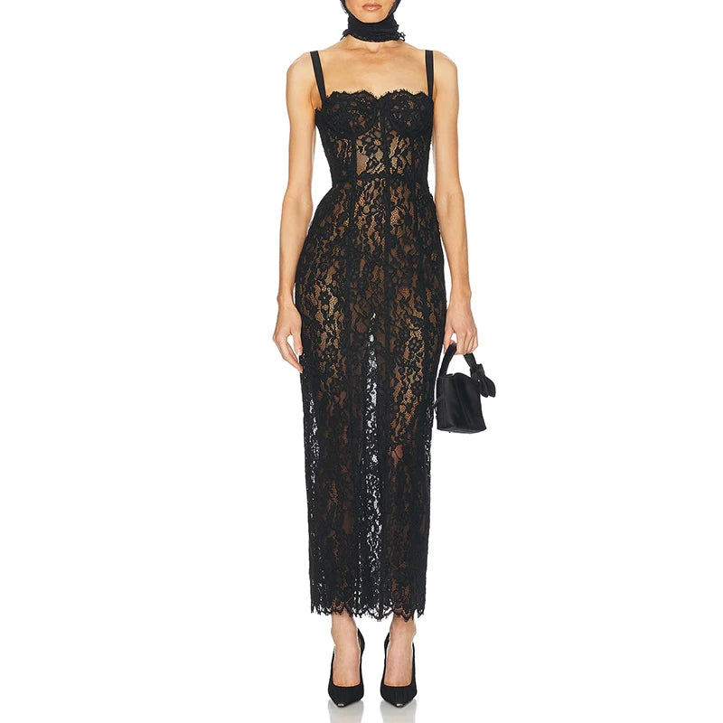 Women’s Cocktail Dress Sexy Lace Hollow Out Transparent Sleeveless Slim Fit Maxi Party Club Evening Gown White Long Dresses