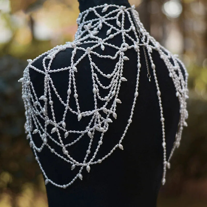 Fashion Pearls Bridal Jacket Shawl Wedding Shoulder Jewelry Chain Necklace Handmade Women Prom Accessories