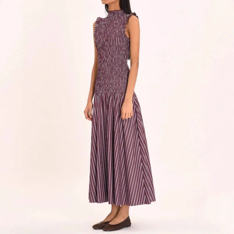 Elegant Striped Print Slim Sleeveless Robe Dress Spring O Neck High Waist Spliced Dress Woman Casual Pleated A-Line Office Dress