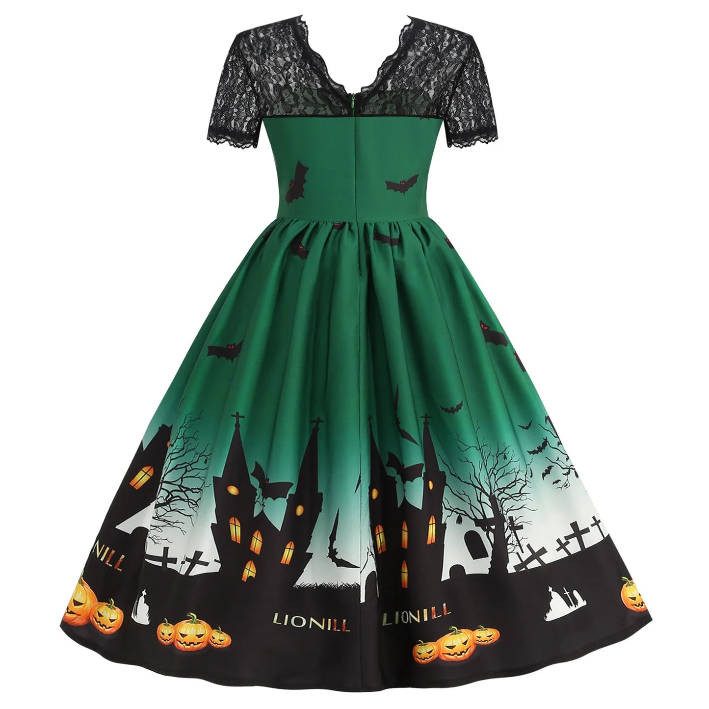 Halloween Gothic Dress Costume - Women's Retro Lace round Neck Short-Sleeved Printed Maxi Dress for Cosplay Party