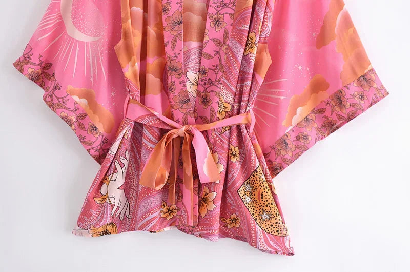 Happie Queens Vintage Star and Moon Floral Print Sashes Women Bohemian V Neck Batwing Sleeves Happie Short Robe Kimono