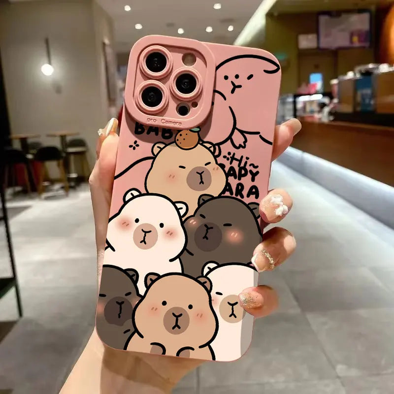 Case For iPhone 17 16 15 14 13 12 11 Pro Max Air XS X XR 16E Cute Capybara Pattern Matte Silicone Camera Lens Portector Cover