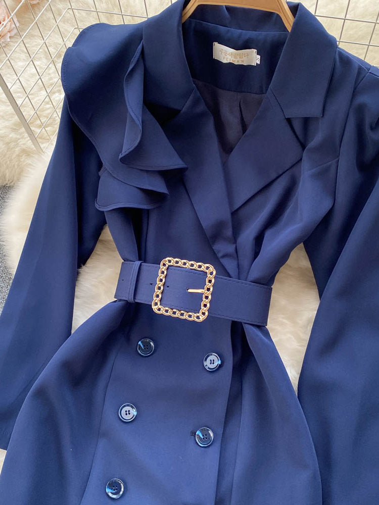 Women Elegant Office Dress Spring Autumn Long Sleeve Fashion Slim with Belt Midi Dresses Vintage Ladies Blazer Dress Vestidos