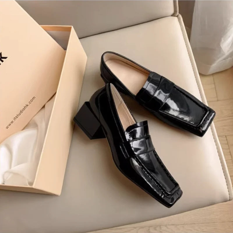 Womens Red Shoes Spring Autumn Basic Pumps Block Heel Dress Loafers French Slip On Square Toe Cow Leather Dress Footwear Size 43