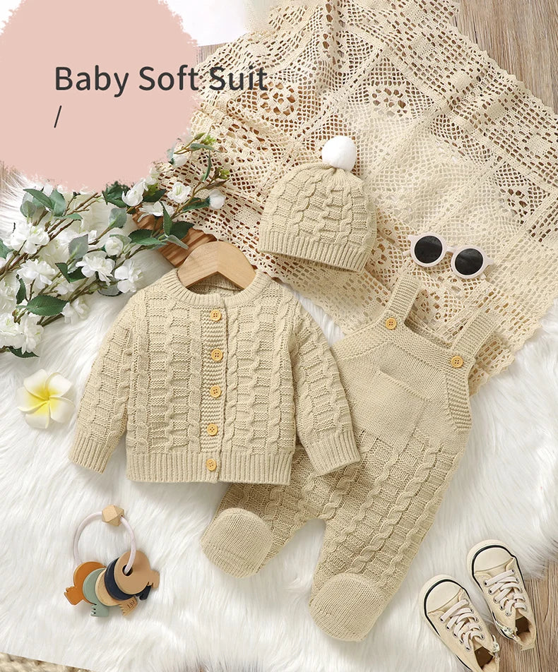 Newborn Baby Clothes Set Knitted Toddler Sweater +Jumpsuit Hat Sleeveless 3pcs Attire Infant Boys Girls Cardigan+Romper Cap 0-9M