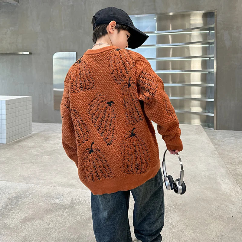 Children Halloween Pumpkin Sweater For Boys Fancy Knitted Outfit Clothing Kids Elegant Pullover Knitwear For Teenagers Age 5-14T