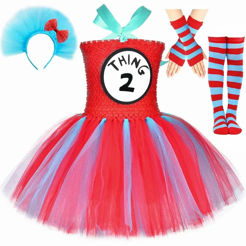 Halloween Thing 1 and Thing 2 Costumes Kids Blue Red Dr Seuss Tutu Dress Up Clothes Toddler Girls Birthday Party Princess Dress