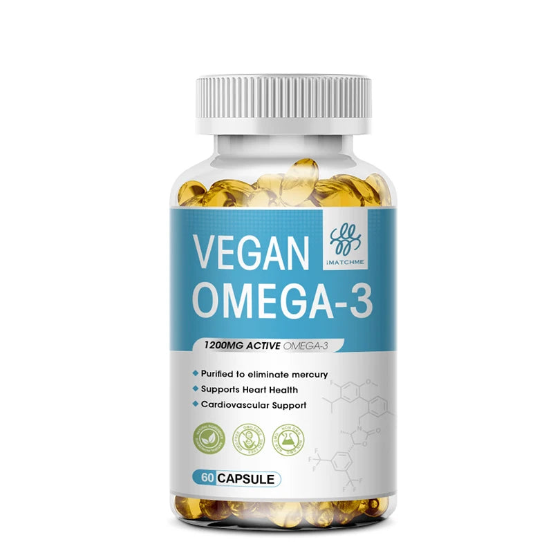 IMATCHME 60PCS Vegan OVEGA-3 Deep Sea Fish Oil Capsules Rich DHA & EPA, Supports Brain, Eye & Heart Health Cardiovascular Support