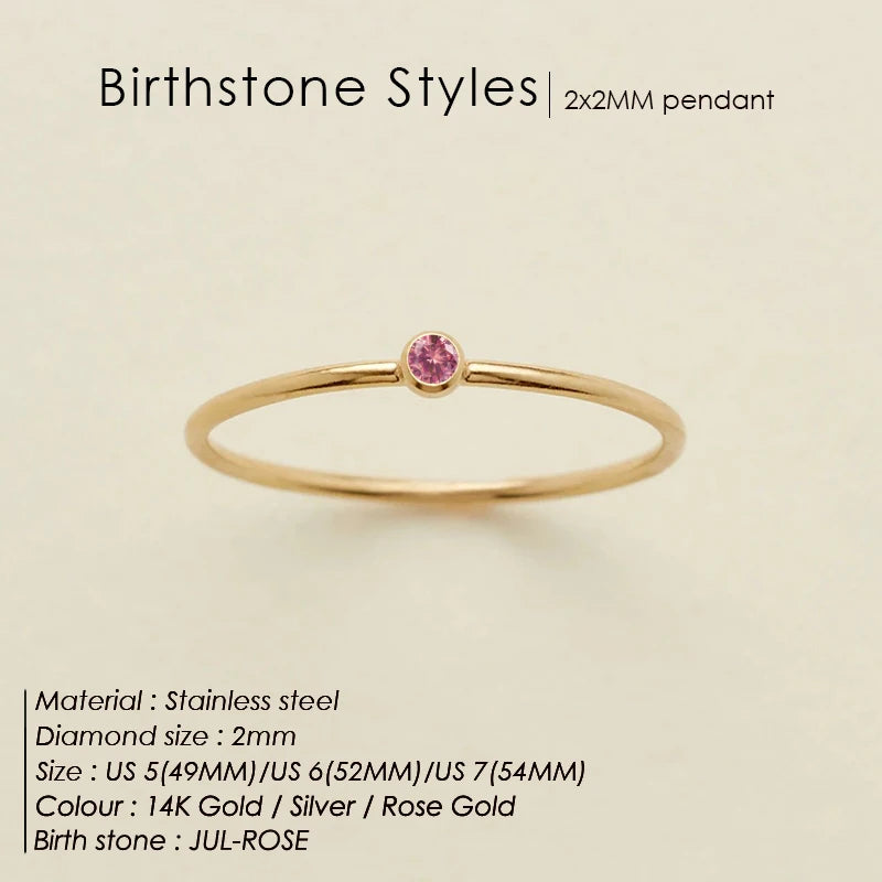 14K Gold Plated Stainless Steel Birthstone Ring for Women Tiny Thin Stacking Ring Colorful Zircon Crystal Aesthetic Jewelry Gift