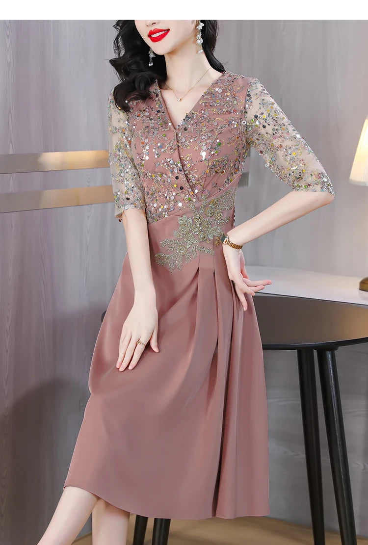 Summer New Sequins Luxury Chic Evening Wedding Dress 2024 Women's Elegant Bodycon Midi Dress Satin Vintage Casual Party Vestidos
