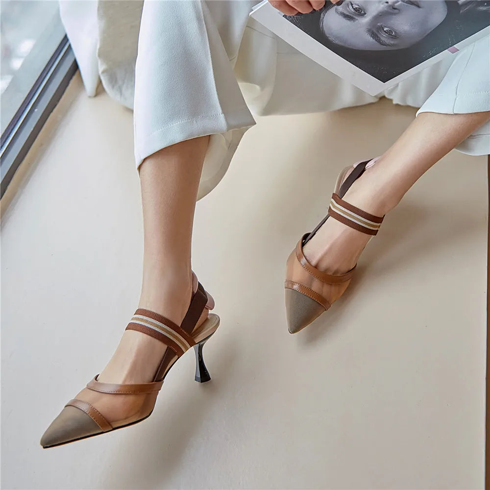 Aucegi Pointy Toe Thin High Heel Slingback Sandals Women Brand Design Elegant Genuine Leather Splicing Mesh Party Dress Shoes