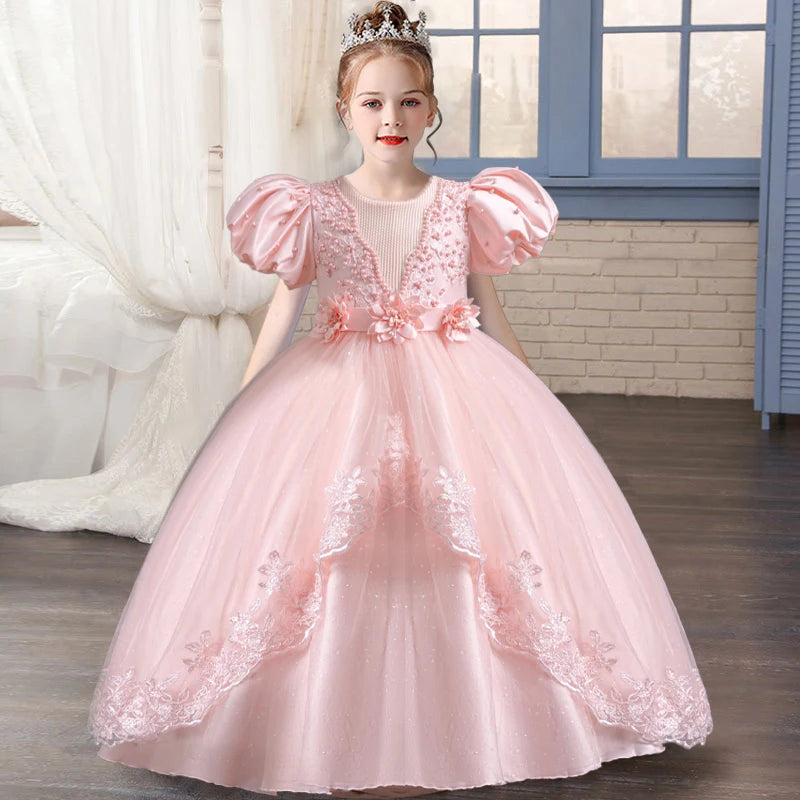 3-12 Year Old Baby Dress Birthday Party Girl Princess Dress Bubble Sleeves Lace Flower Wedding Dress Flower Girl Evening Dress