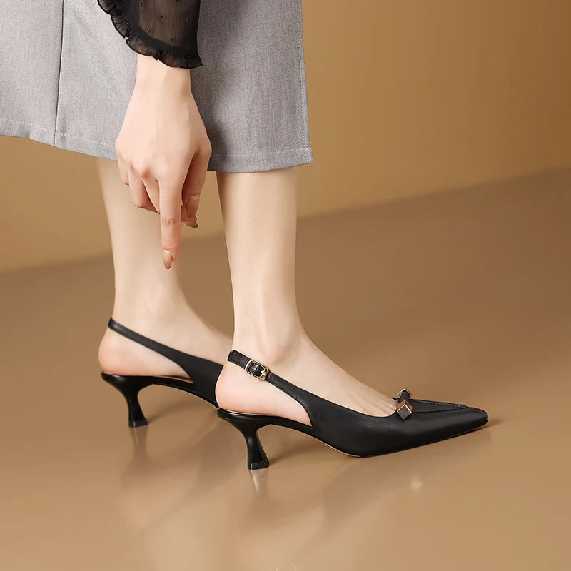 【JOCHEBED HU】Summer Brand Genuine Leather Mid Heels Women Sandals Fashion Slingback Pumps Office Lady Shoes 33-43