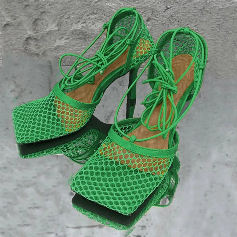 New Women's Shoes Fashion Air Mesh High Heeled Sandals for Woman Exquisite Square Head Casual Shoes Designer Shoes Zapatos Mujer