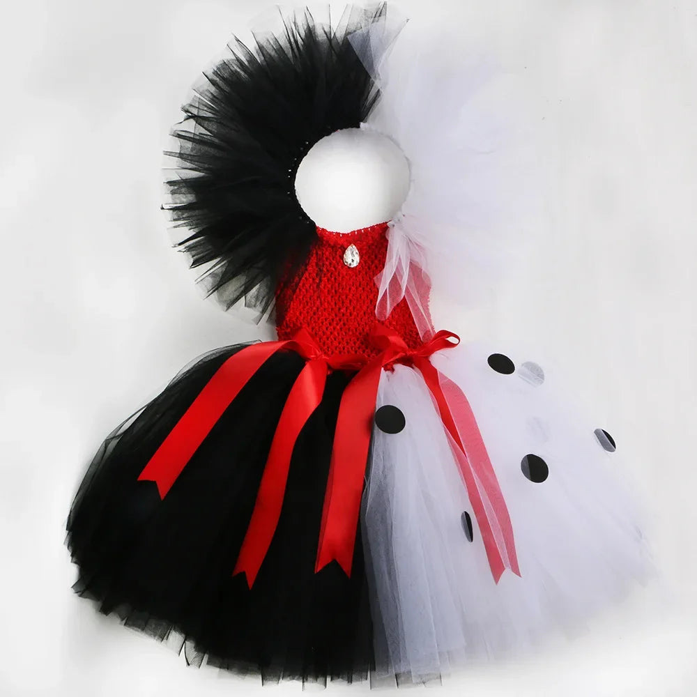 Halloween Crulla Cosplay Costume Cruella Tulle Dress Party Girls Black White Carnival Kids Cruella Wig Lace Mask Suit Clothes