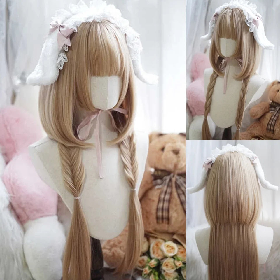 Synthetic Long Curly Wavy Lolita Wig with Bangs Wig Girl Cute Ombre Pink Blonde Black Cosplay Party Halloween Harajuku Wig