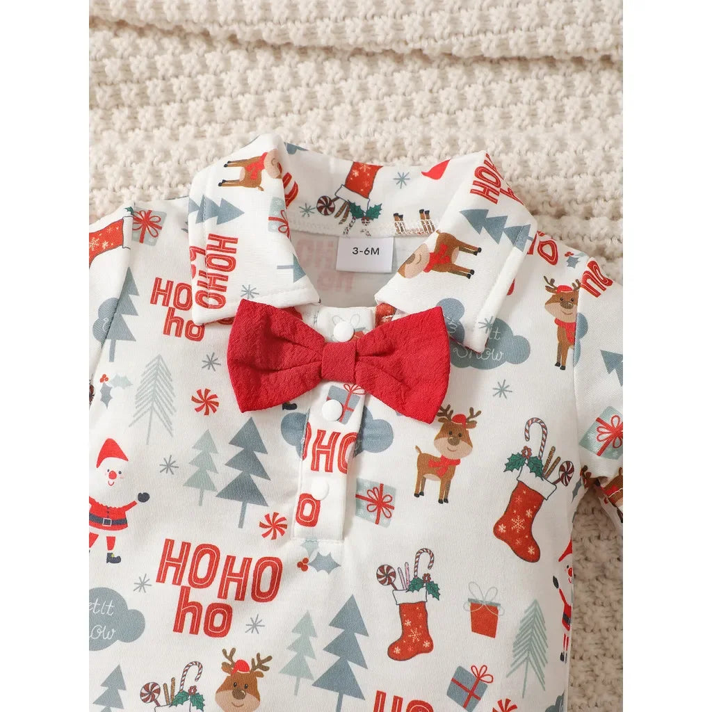2PCS Newborn Baby Boy Christmas Clothing Set Short Sleeve Christmas Bodysuit+Overall Cute Holiday Party Wear for Baby 0-18Months