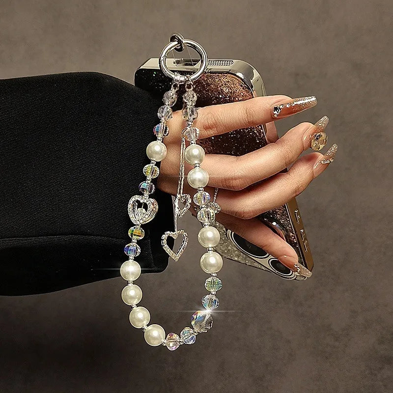 Fashionable Light Luxury Beaded Crystal Mobile Phone Chain Pendant Rhinestone Love Pendant Pearl Mobile Phone Lanyard Wrist Hand