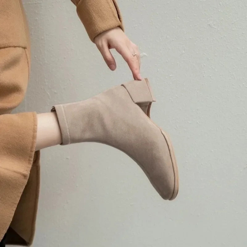 2023 Autumn/Winter New Square Headed Suede Short Boots Women's Boot with Thick Heels and Mid Heel Single Boots