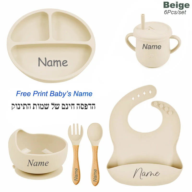 6PCS Silicone Feeding Set For Baby Personalized Name Logo Plate Bowl Customized Newborn Gift Silicone Straw Cup BPA Free