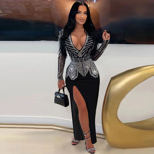 HBLL Elegant Women Deep V-neck Long Sleeve Split Diamonds Hot Rhinestone Maxi Dress Luxury Celebrity Evening Party Wedding Dress