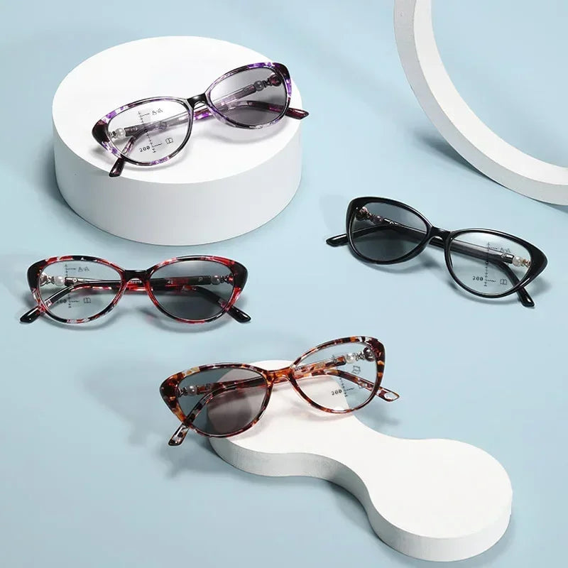 Cat Eye Finished Progressive Multifocal Reading Glasses Unisex Women Men Outdoor Color Changing Bifocal Eyewear Diopter To +4.0