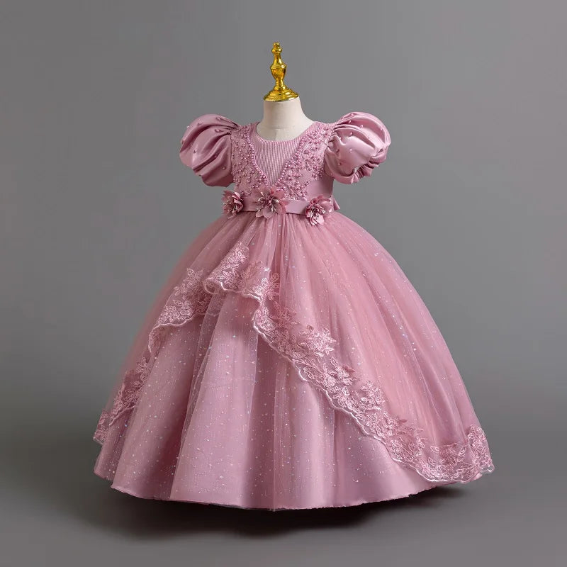3-12 Year Old Baby Dress Birthday Party Girl Princess Dress Bubble Sleeves Lace Flower Wedding Dress Flower Girl Evening Dress