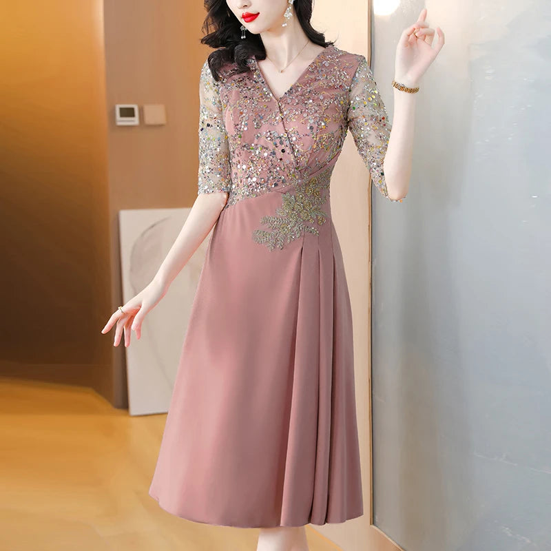 Summer New Sequins Luxury Chic Evening Wedding Dress 2024 Women's Elegant Bodycon Midi Dress Satin Vintage Casual Party Vestidos