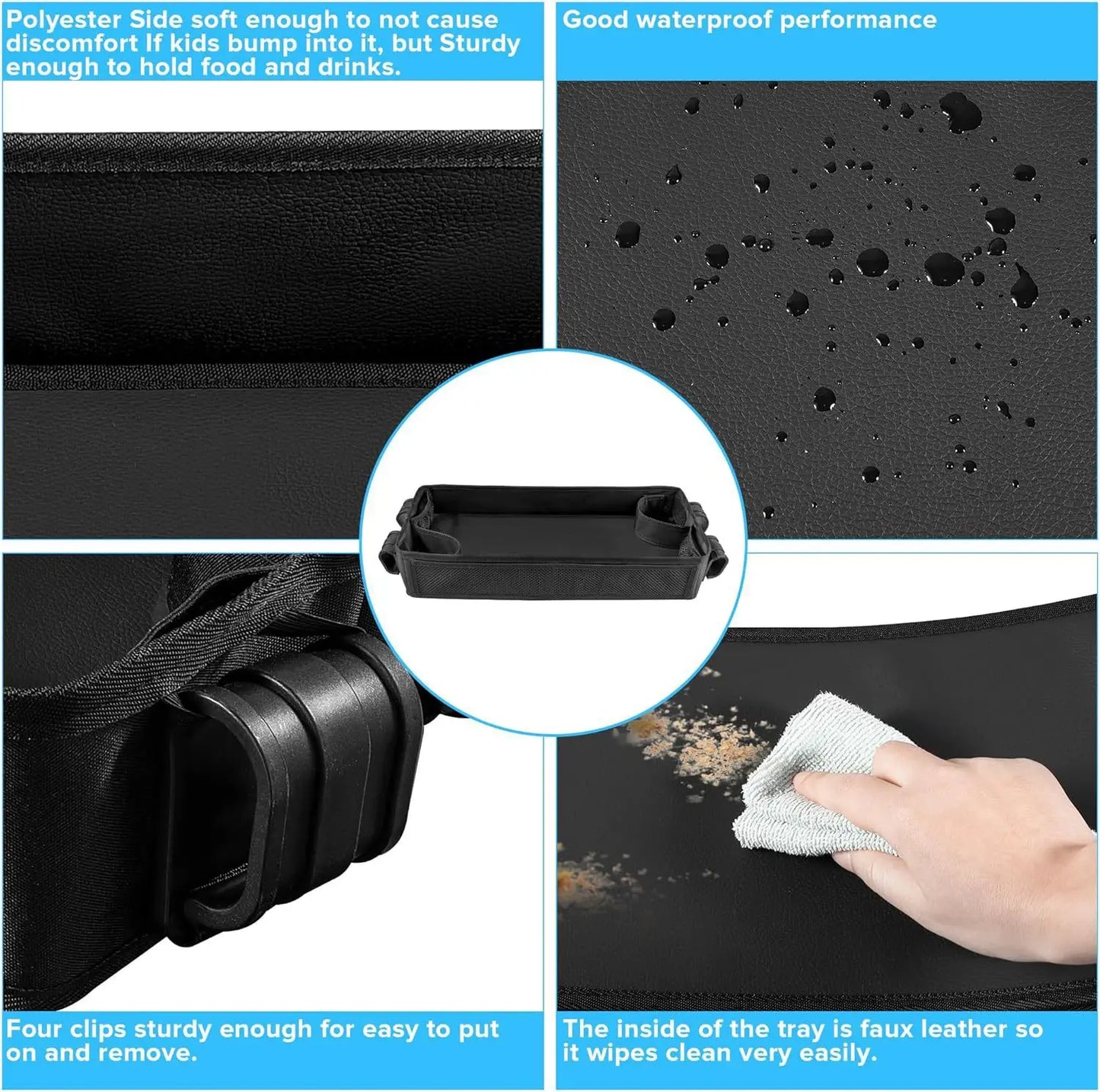 Double Sided Stroller Tray for Snacks & Activities Featuring Faux Leather Side for Eating, Polyester Side for Activities